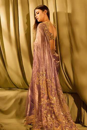 Shop_Itrh_Gold Tissue Mirrors, Gota Patti V-neck Krishna Leela Saree With Blouse _at_Aza_Fashions