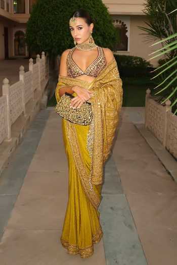 Buy_Itrh_Yellow Silk, Crepe Zari, Stones, Mirrors, Arundhati Saree With Blouse _at_Aza_Fashions