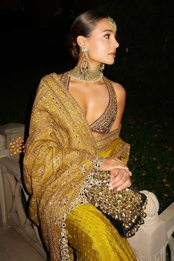 Buy_Itrh_Yellow Silk, Crepe Zari, Stones, Mirrors, Arundhati Saree With Blouse _Online_at_Aza_Fashions