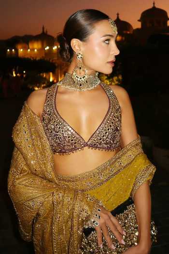 Shop_Itrh_Yellow Silk, Crepe Zari, Stones, Mirrors, Arundhati Saree With Blouse _Online_at_Aza_Fashions