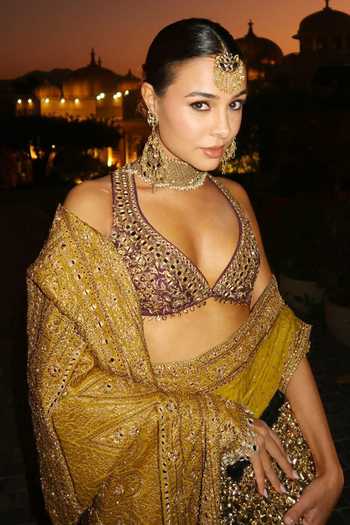 Itrh_Yellow Silk, Crepe Zari, Stones, Mirrors, Arundhati Saree With Blouse _at_Aza_Fashions