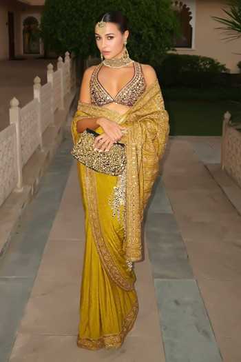 Shop_Itrh_Yellow Silk, Crepe Zari, Stones, Mirrors, Arundhati Saree With Blouse 