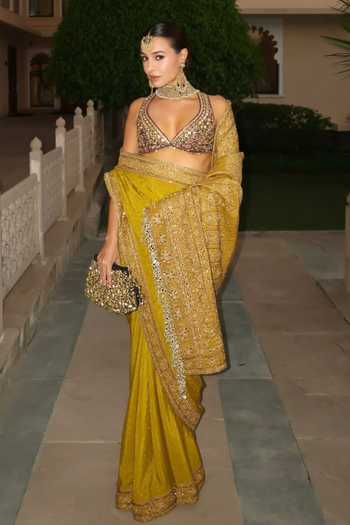 Itrh_Yellow Silk, Crepe Zari, Stones, Mirrors, Arundhati Saree With Blouse _Online