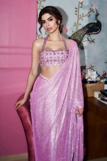 Buy_Itrh_Pink Net Crystals Halter Neck Mystic Pre-draped Saree Set _at_Aza_Fashions