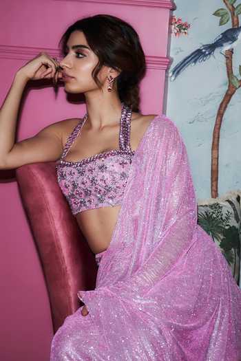 Shop_Itrh_Pink Net Crystals Halter Neck Mystic Pre-draped Saree Set _Online_at_Aza_Fashions