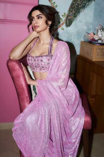 Itrh_Pink Net Crystals Halter Neck Mystic Pre-draped Saree Set _at_Aza_Fashions