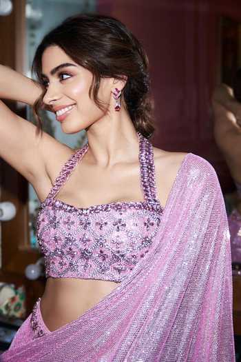 Buy_Itrh_Pink Net Crystals Halter Neck Mystic Pre-draped Saree Set 