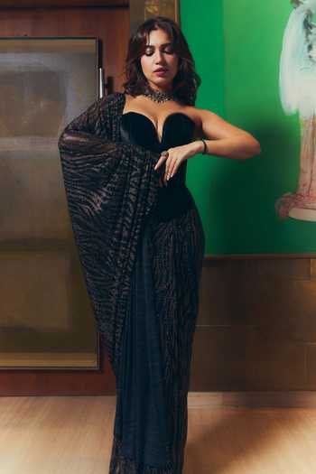Buy_Itrh_Black Net, Velvet Crystals Midnight Frost Pre-draped Saree With Corset _Online_at_Aza_Fashions