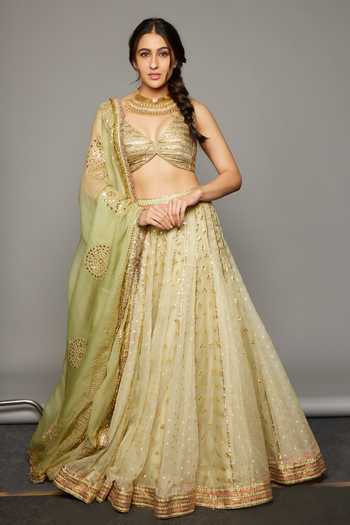 Buy_Itrh_Green Chanderi, Silk Organza, Lampi Gota Patti V-neck Lehja Panelled Lehenga Set _at_Aza_Fashions