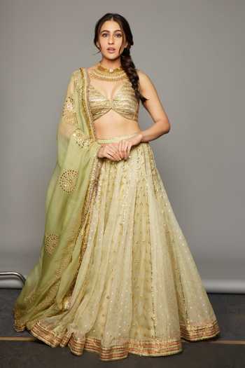 Shop_Itrh_Green Chanderi, Silk Organza, Lampi Gota Patti V-neck Lehja Panelled Lehenga Set _at_Aza_Fashions