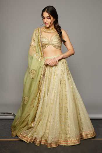 Buy_Itrh_Green Chanderi, Silk Organza, Lampi Gota Patti V-neck Lehja Panelled Lehenga Set _Online_at_Aza_Fashions