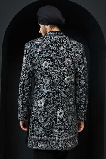 Shop_Sarab Khanijou_Teal Velvet Pearls, Sequins, Cut Work Embroidered Sherwani Jacket And Trouser Set _at_Aza_Fashions
