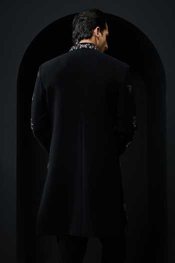Shop_Sarab Khanijou_Black Pearls, Zari, Cut Work Embellished Sandwash Sherwani Jacket And Trouser Set _at_Aza_Fashions