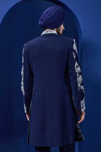 Shop_Sarab Khanijou_Navy Sequins, Pearls, Cut Work Embroidered Sherwani Jacket And Trouser Set _at_Aza_Fashions