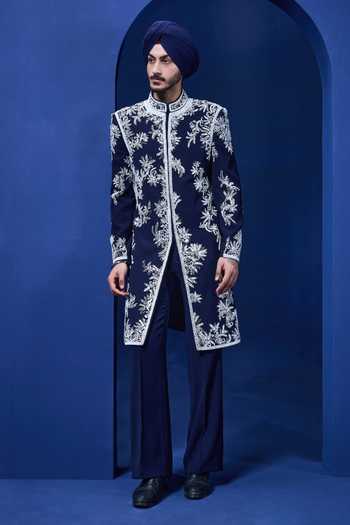 Buy_Sarab Khanijou_Navy Sequins, Pearls, Cut Work Embroidered Sherwani Jacket And Trouser Set _at_Aza_Fashions