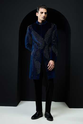 Buy_Sarab Khanijou_Teal Velvet Sequins, Pearls Tonal Embroidered Sherwani Jacket And Trouser Set _at_Aza_Fashions