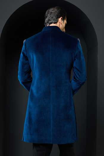 Shop_Sarab Khanijou_Teal Velvet Sequins, Pearls Tonal Embroidered Sherwani Jacket And Trouser Set _at_Aza_Fashions