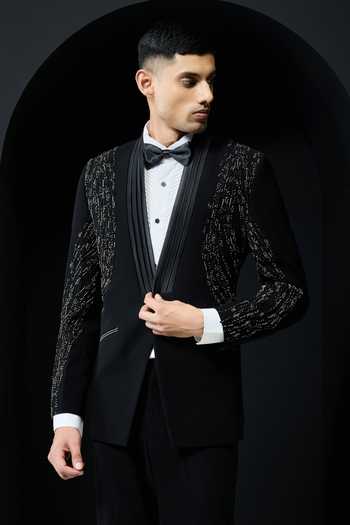 Sarab Khanijou_Black Pearls, Stones Placed Embellished Tuxedo Set _Online_at_Aza_Fashions