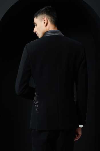 Shop_Sarab Khanijou_Black Pearls, Stones Placed Embellished Tuxedo Set _at_Aza_Fashions