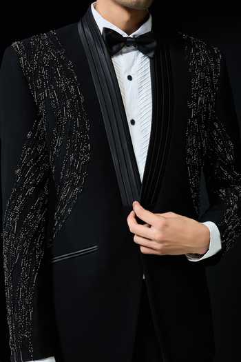 Buy_Sarab Khanijou_Black Pearls, Stones Placed Embellished Tuxedo Set _Online_at_Aza_Fashions