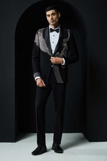 Buy_Sarab Khanijou_Black Zari, Pearls Placed Embellished Tuxedo Set _at_Aza_Fashions