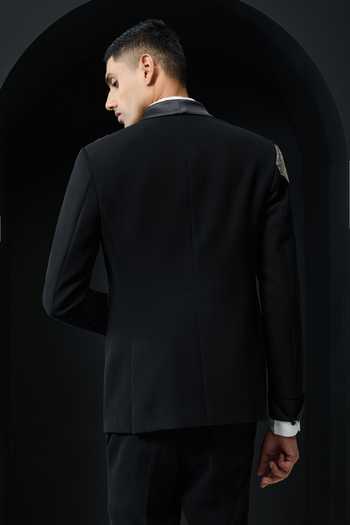 Shop_Sarab Khanijou_Black Zari, Pearls Placed Embellished Tuxedo Set _at_Aza_Fashions
