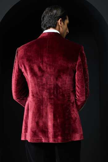 Shop_Sarab Khanijou_Wine Velvet Beads, Pearls, Crystals Embellished Tuxedo And Trouser Set _at_Aza_Fashions