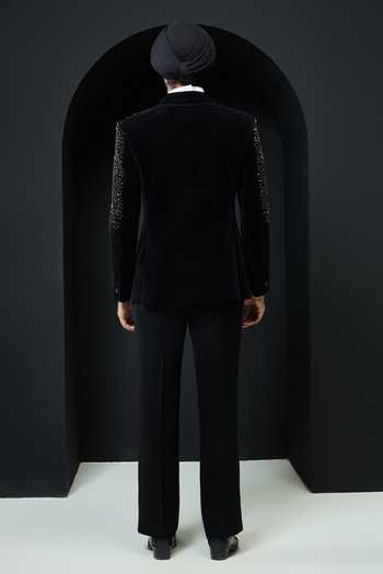 Shop_Sarab Khanijou_Black Velvet Pearls, Crystals Embellished Tuxedo Set _at_Aza_Fashions