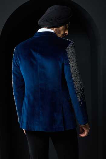 Shop_Sarab Khanijou_Blue Velvet Sequins, Pearls, Cut Work Embellished Tuxedo Set _at_Aza_Fashions