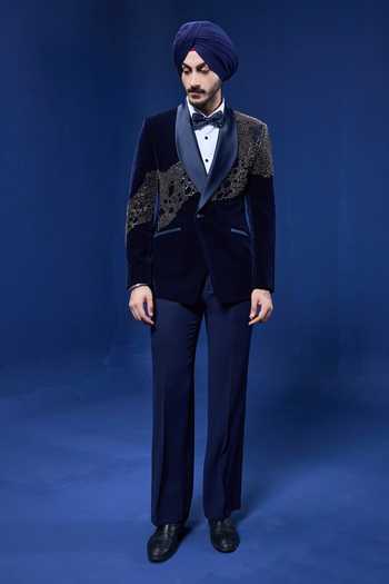 Buy_Sarab Khanijou_Navy Velvet Sequins, Beads, Pearls, Cut Work Embellished Tuxedo Set _at_Aza_Fashions