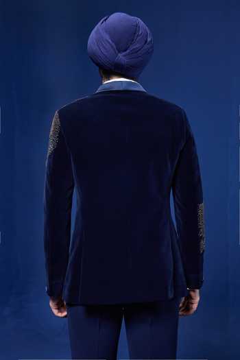 Shop_Sarab Khanijou_Navy Velvet Sequins, Beads, Pearls, Cut Work Embellished Tuxedo Set _at_Aza_Fashions