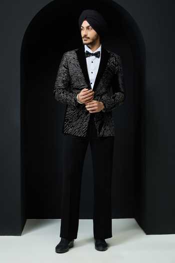 Buy_Sarab Khanijou_Black Velvet Pearls, Zari Embellished Tuxedo Set _at_Aza_Fashions