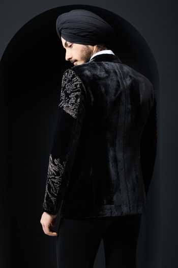 Shop_Sarab Khanijou_Black Velvet Pearls, Zari Embellished Tuxedo Set _at_Aza_Fashions