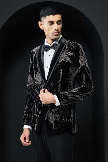 Buy_Sarab Khanijou_Black Velvet Sequins, Pearls, Stones, Cut Work Embellished Tuxedo Set _at_Aza_Fashions