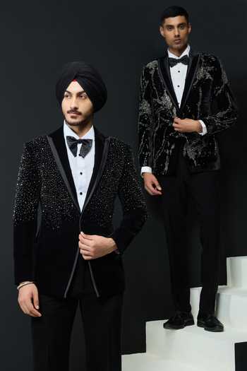 Shop_Sarab Khanijou_Black Velvet Sequins, Pearls, Stones, Cut Work Embellished Tuxedo Set _at_Aza_Fashions