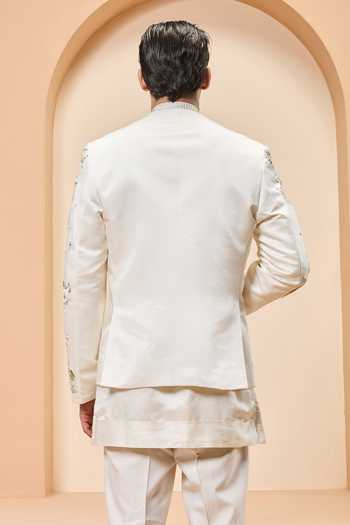 Shop_Sarab Khanijou_Ivory Chanderi Silk Embroidery, Sequins, Pearls Bandhgala Set _at_Aza_Fashions