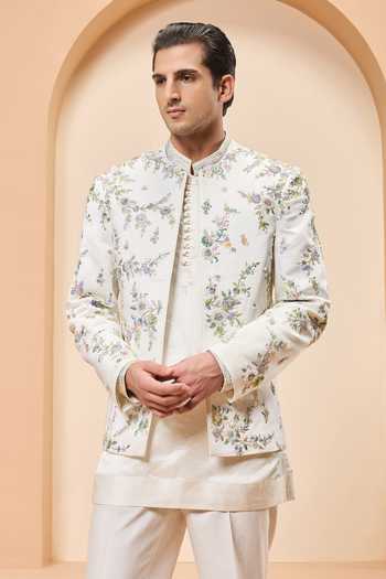 Buy_Sarab Khanijou_Ivory Chanderi Silk Embroidery, Sequins, Pearls Bandhgala Set _at_Aza_Fashions