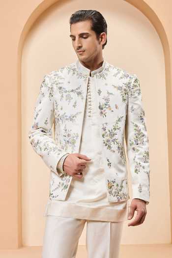 Sarab Khanijou_Ivory Chanderi Silk Embroidery, Sequins, Pearls Bandhgala Set _Online_at_Aza_Fashions