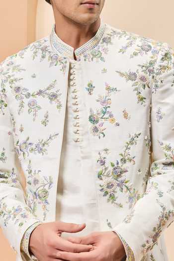 Buy_Sarab Khanijou_Ivory Chanderi Silk Embroidery, Sequins, Pearls Bandhgala Set _Online_at_Aza_Fashions