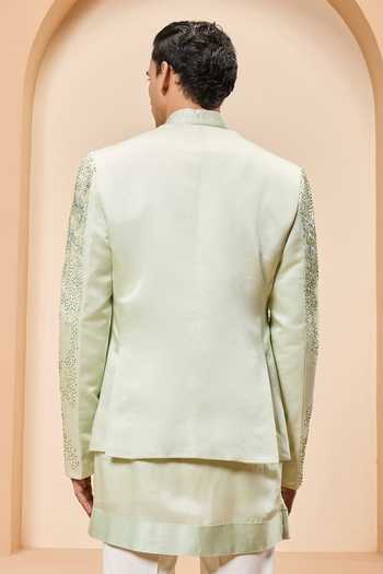 Shop_Sarab Khanijou_Green Chanderi Silk Embroidery, Sequins, Pearls Bandhgala Set _at_Aza_Fashions