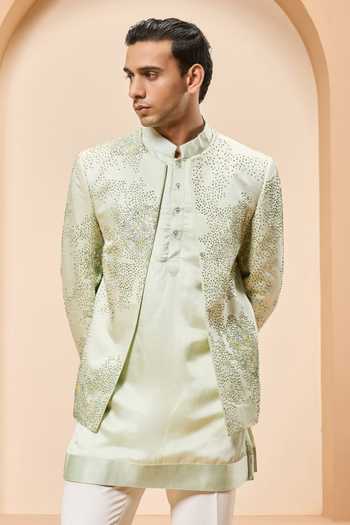 Sarab Khanijou_Green Chanderi Silk Embroidery, Sequins, Pearls Bandhgala Set _Online_at_Aza_Fashions