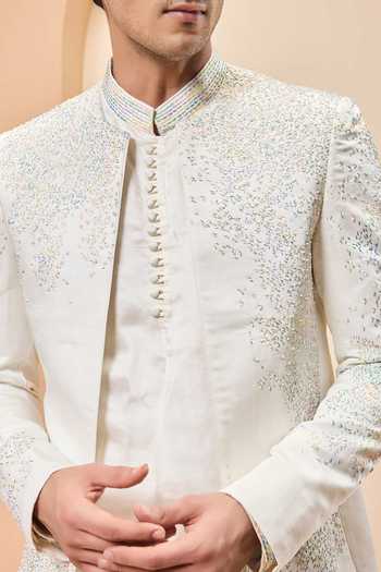 Buy_Sarab Khanijou_Ivory Chanderi Silk Embroidery, Sequins, Pearls Bandhgala Kurta Set _Online_at_Aza_Fashions
