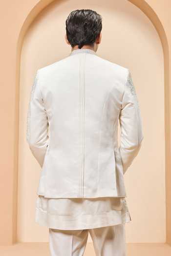 Shop_Sarab Khanijou_Ivory Chanderi Silk Embroidery, Sequins, Pearls Bandhgala Kurta Set _at_Aza_Fashions
