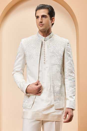 Buy_Sarab Khanijou_Ivory Chanderi Silk Embroidery, Sequins, Pearls Bandhgala Kurta Set _at_Aza_Fashions