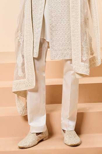 Sarab Khanijou_Ivory Silk Pearls, Sequins, Embroidery Raw Sherwani Set _Online_at_Aza_Fashions