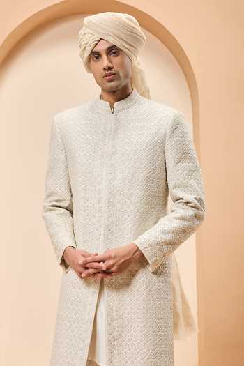 Buy_Sarab Khanijou_Ivory Silk Pearls, Sequins, Embroidery Raw Sherwani Set _Online_at_Aza_Fashions