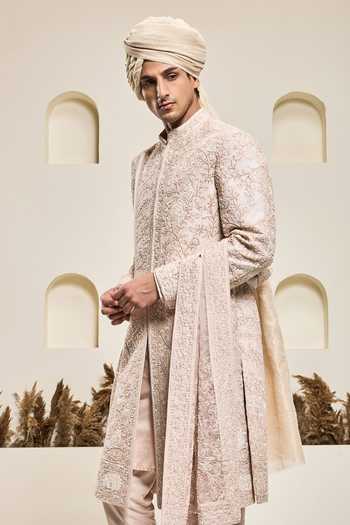 Buy_Sarab Khanijou_Pink Silk Embroidery, Sequins, Pearls Tonal Raw Sherwani Set _Online_at_Aza_Fashions