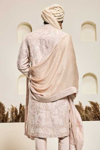 Shop_Sarab Khanijou_Pink Silk Embroidery, Sequins, Pearls Tonal Raw Sherwani Set _at_Aza_Fashions