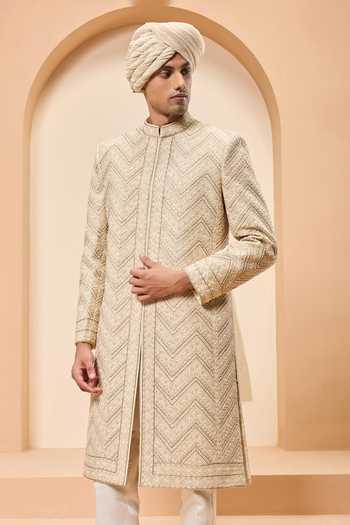 Sarab Khanijou_Gold Silk Embroidery, Sequins, Pearls, Zari Raw Geometric Pattern Sherwani Set _Online_at_Aza_Fashions