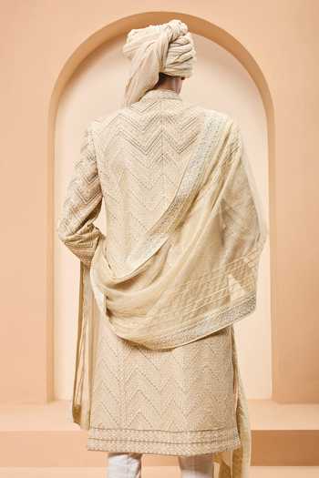 Shop_Sarab Khanijou_Gold Silk Embroidery, Sequins, Pearls, Zari Raw Geometric Pattern Sherwani Set _at_Aza_Fashions